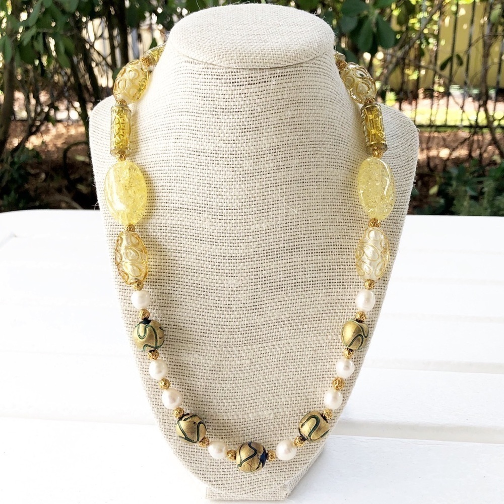 NWT Genuine Amber & Pearl Necklace Beaded Yellow